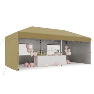 10x20 Pop Up Canopy Tent with 4 SideWalls, Heavy Duty Outdoor Canopy UPF 50+ All Season Waterproof Commercial Street Vendors Party Tents with Roller Bag, 8 Stakes & 6 Sandbags, Khaki