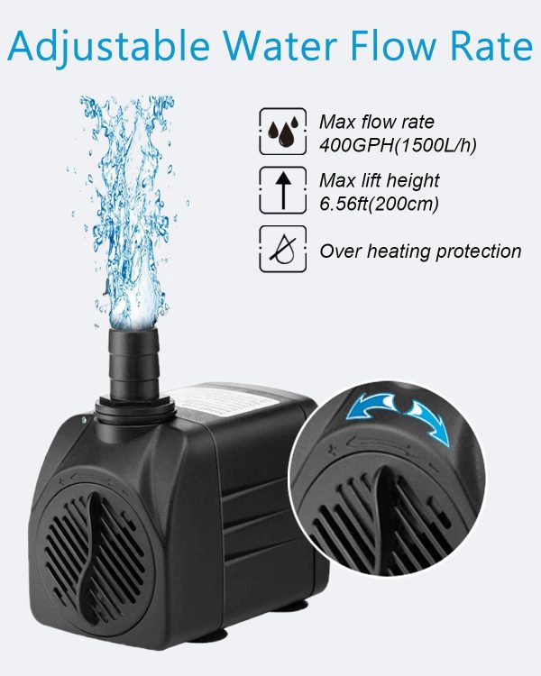Submersible Pump 400GPH (1500L 25W) Ultra Quiet with Over Heating Protection 6.5ft High Lift for Fountains, Hydroponics, Ponds, Aquariums - 图片 2