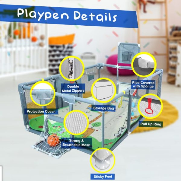 Baby Playpen with Mat, Playpen for Babies and Toddlers, Large Playpen with Mat, Sport Playpen, Play Pen with Accessories, Baby Fence, PlayPen Indoor & Outdoor Activity, Sturdy Kids - 图片 2