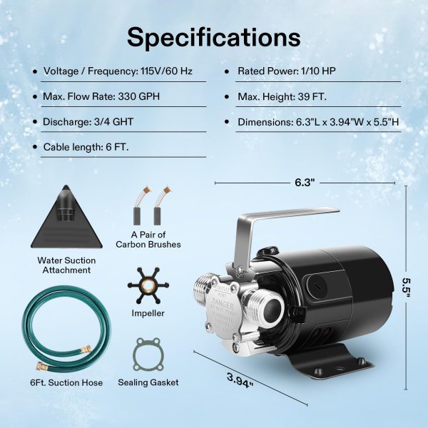 115V Water Transfer Pump, 1/10HP 330 GPH Portable Utility Pump with Water Hose Kit, Ideal for Removing Water from Gardens, Hot Tubs, Rain Barrels, Pools, Ponds, and Aquariums - 图片 2