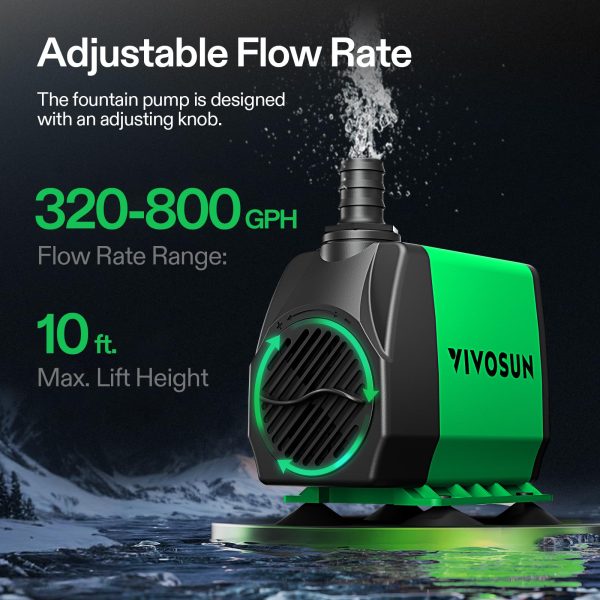 800GPH Submersible Pump(3000L/H, 24W), Ultra Quiet Water Fountain Pump with 10ft. High Lift with 6.5ft. Power Cord, 3 Nozzles for Fish Tank, Pond, Aquarium, Statuary, Hydroponics Green - 图片 2