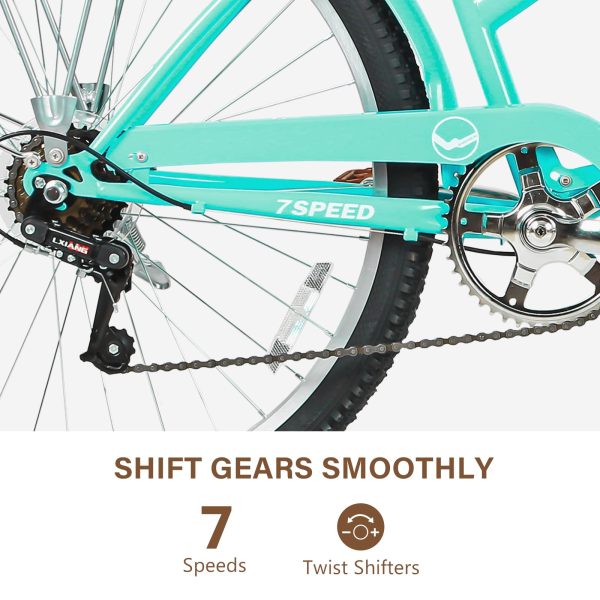 Beach Cruiser Bike, 26 inch Commuter Bicycle for Adult Men and Women, 7-Speed/High-Carbon Steel/Front & Rear Fenders, Comfortable City Bikes with Rear Rack or Basket, Ergonomic Upright Design - 图片 3