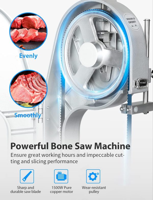 1500W Electric Bone Saw Machine, 0.8-5.9 Inch Cutting Thickness,2.6HP Frozen Meat Cutter 110V Commercial Bandsaw Machine, 20x15in Table Sawing for Chicken Fish Trotter Beef, Equipped with 6 Saw Blades - 图片 3