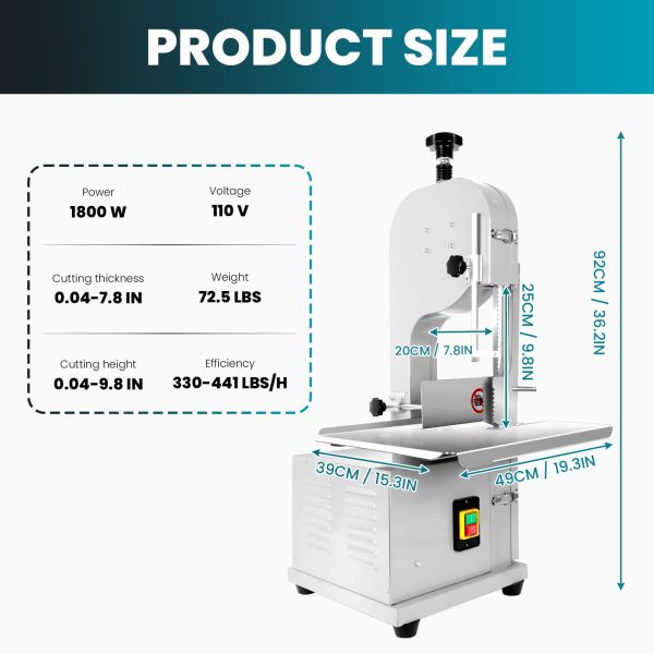 1800W Meat Band Saw, Commercial Electric Meat Bandsaw, Stainless Steel Vertical Bone Sawing Machine with 8 Saw Blades (1800W) - 图片 3