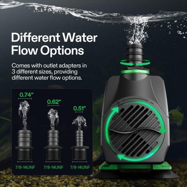 800GPH Submersible Pump(3000L/H, 24W), Ultra Quiet Water Fountain Pump with 10ft. High Lift with 6.5ft. Power Cord, 3 Nozzles for Fish Tank, Pond, Aquarium, Statuary, Hydroponics Green - 图片 3