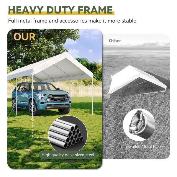 10x20 ft Heavy Duty Carport with Tarp & Wind Resistance Portable Carport Car Tent Outdoor Car Port with Tear Resistant Canopy, No Sidewall - White - 图片 4