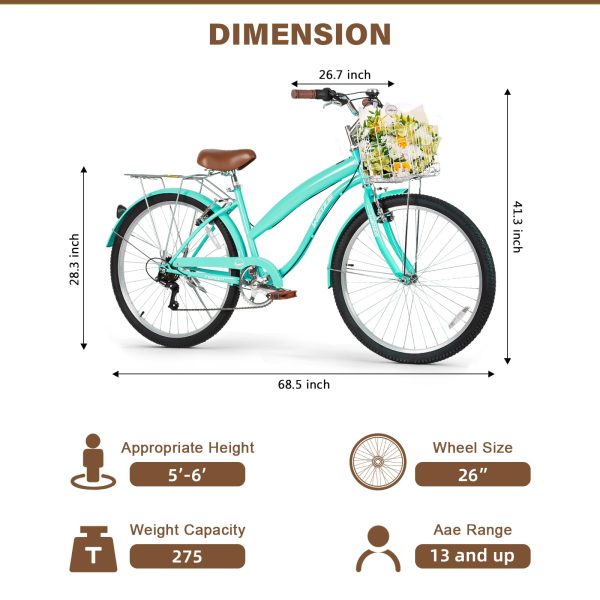 Beach Cruiser Bike, 26 inch Commuter Bicycle for Adult Men and Women, 7-Speed/High-Carbon Steel/Front & Rear Fenders, Comfortable City Bikes with Rear Rack or Basket, Ergonomic Upright Design - 图片 4