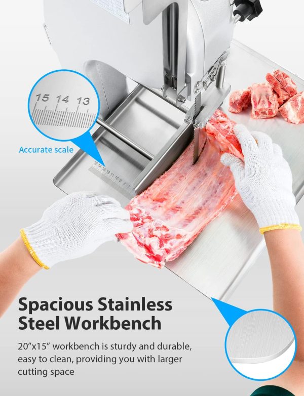 1500W Electric Bone Saw Machine, 0.8-5.9 Inch Cutting Thickness,2.6HP Frozen Meat Cutter 110V Commercial Bandsaw Machine, 20x15in Table Sawing for Chicken Fish Trotter Beef, Equipped with 6 Saw Blades - 图片 4