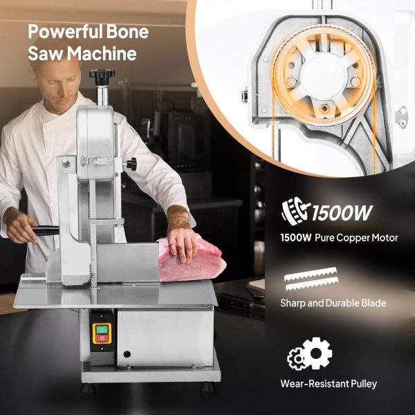 750W Electric Bone Saw Machine,0.16-7.9Inch Cutting Thickness Frozen Meat Cutter with 6 Saw Blades, Commercial Bandsaw Machine Stainless Steel 18.5 x 12.4 In Table for Chicken Fish Beef - 图片 4