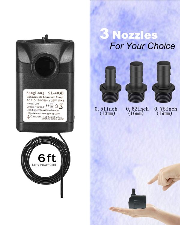 Submersible Pump 400GPH (1500L 25W) Ultra Quiet with Over Heating Protection 6.5ft High Lift for Fountains, Hydroponics, Ponds, Aquariums - 图片 5