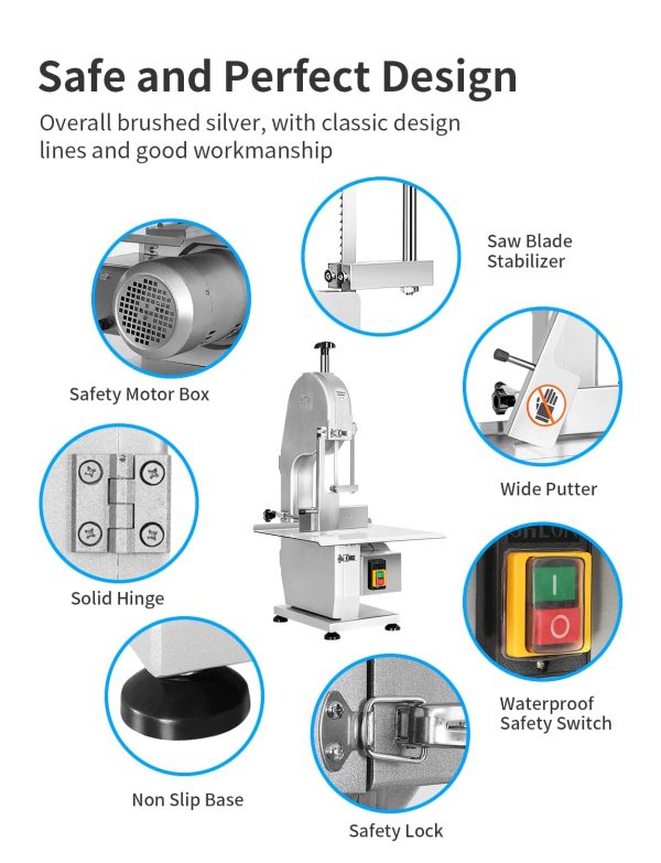 1500W Electric Bone Saw Machine, 0.8-5.9 Inch Cutting Thickness,2.6HP Frozen Meat Cutter 110V Commercial Bandsaw Machine, 20x15in Table Sawing for Chicken Fish Trotter Beef, Equipped with 6 Saw Blades - 图片 5