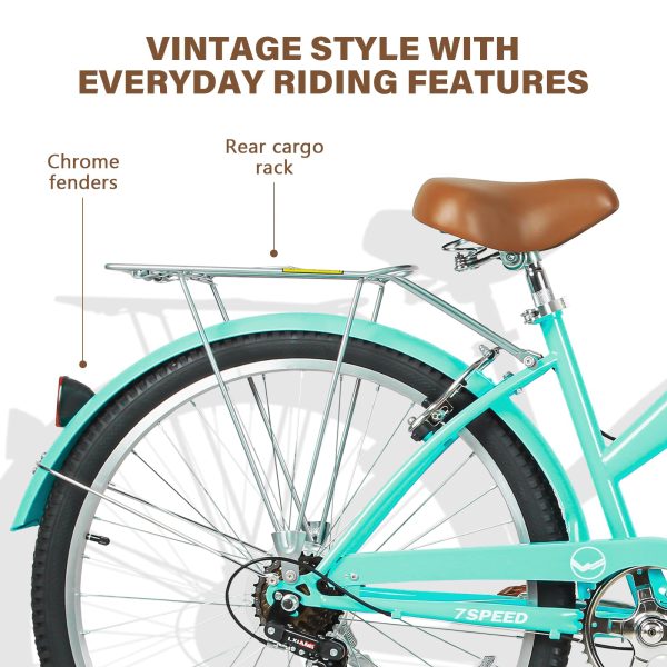Beach Cruiser Bike, 26 inch Commuter Bicycle for Adult Men and Women, 7-Speed/High-Carbon Steel/Front & Rear Fenders, Comfortable City Bikes with Rear Rack or Basket, Ergonomic Upright Design - 图片 6