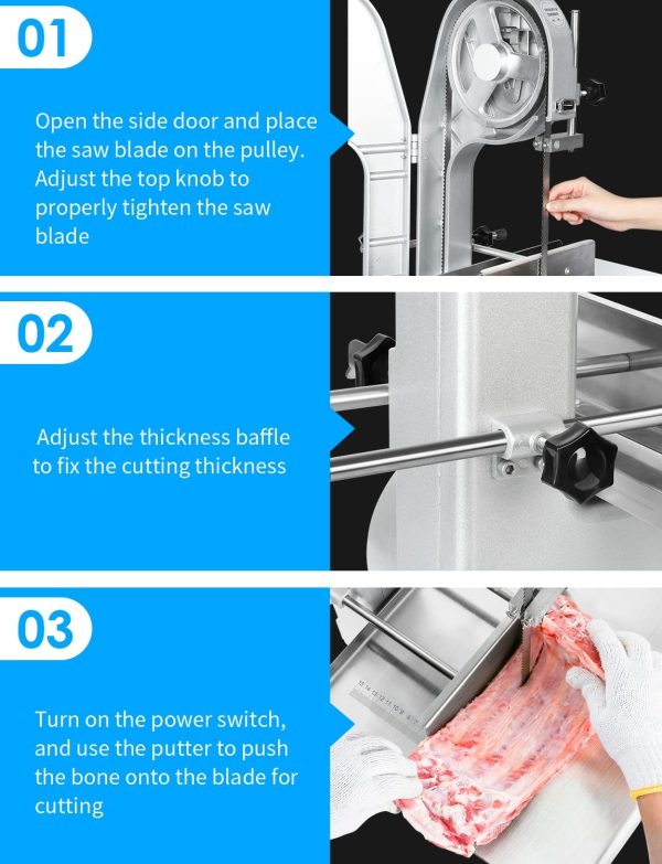 1500W Electric Bone Saw Machine, 0.8-5.9 Inch Cutting Thickness,2.6HP Frozen Meat Cutter 110V Commercial Bandsaw Machine, 20x15in Table Sawing for Chicken Fish Trotter Beef, Equipped with 6 Saw Blades - 图片 6
