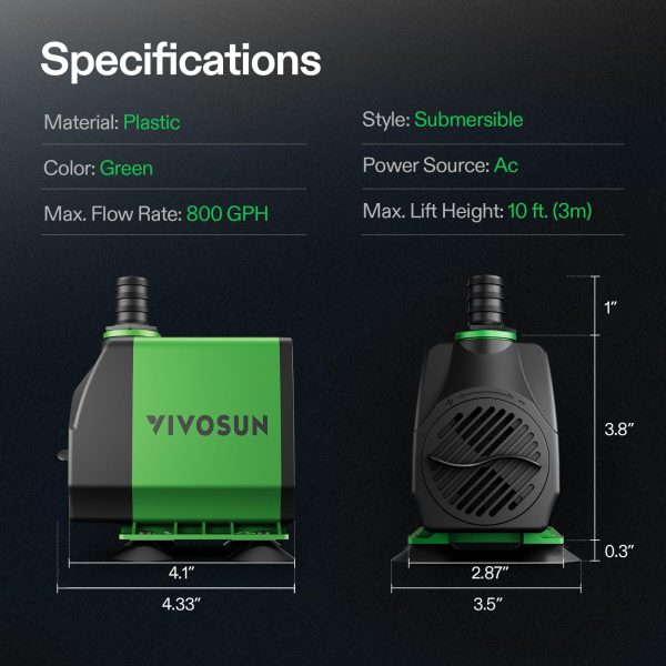 800GPH Submersible Pump(3000L/H, 24W), Ultra Quiet Water Fountain Pump with 10ft. High Lift with 6.5ft. Power Cord, 3 Nozzles for Fish Tank, Pond, Aquarium, Statuary, Hydroponics Green - 图片 6