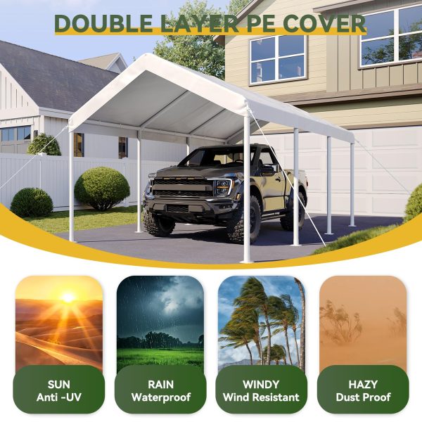 10x20 ft Heavy Duty Carport with Tarp & Wind Resistance Portable Carport Car Tent Outdoor Car Port with Tear Resistant Canopy, No Sidewall - White - 图片 6