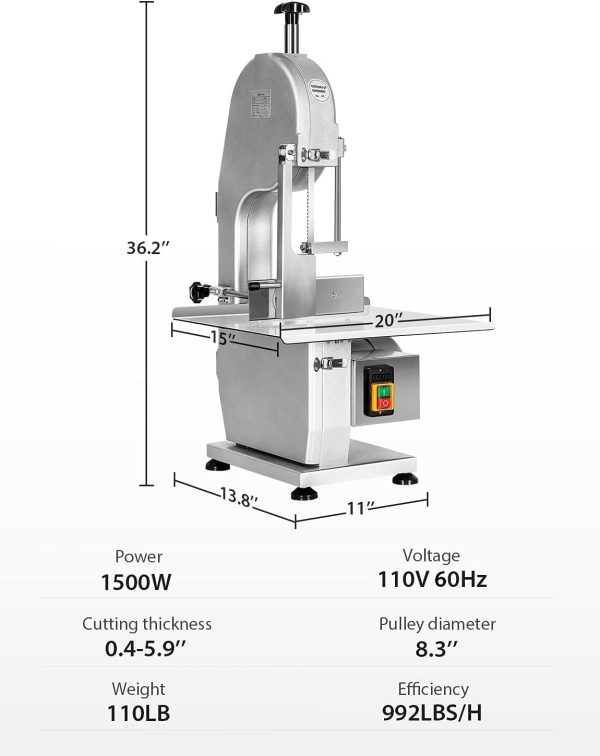 1500W Electric Bone Saw Machine, 0.8-5.9 Inch Cutting Thickness,2.6HP Frozen Meat Cutter 110V Commercial Bandsaw Machine, 20x15in Table Sawing for Chicken Fish Trotter Beef, Equipped with 6 Saw Blades - 图片 7