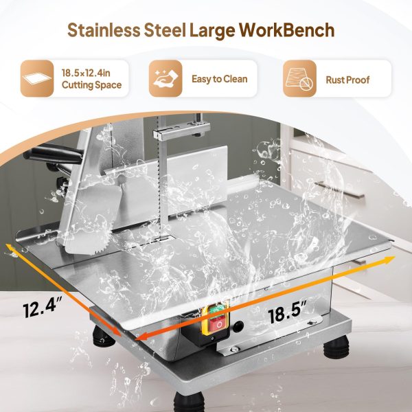 750W Electric Bone Saw Machine,0.16-7.9Inch Cutting Thickness Frozen Meat Cutter with 6 Saw Blades, Commercial Bandsaw Machine Stainless Steel 18.5 x 12.4 In Table for Chicken Fish Beef - 图片 7
