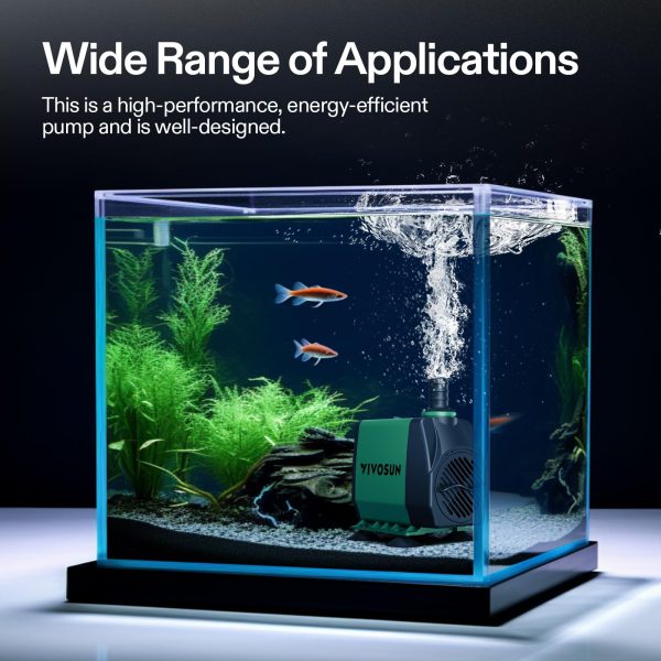800GPH Submersible Pump(3000L/H, 24W), Ultra Quiet Water Fountain Pump with 10ft. High Lift with 6.5ft. Power Cord, 3 Nozzles for Fish Tank, Pond, Aquarium, Statuary, Hydroponics Green - 图片 7