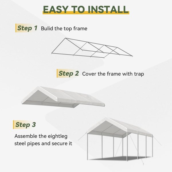 10x20 ft Heavy Duty Carport with Tarp & Wind Resistance Portable Carport Car Tent Outdoor Car Port with Tear Resistant Canopy, No Sidewall - White - 图片 7