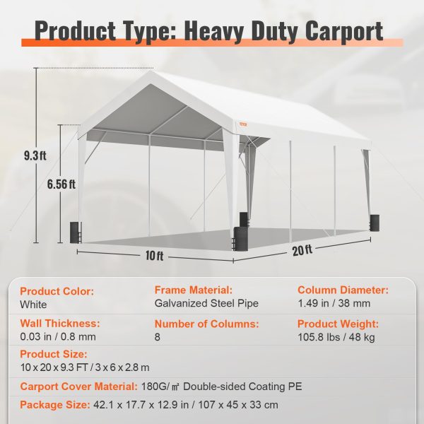 Upgraded 10x20 ft Heavy Duty Carport Car Canopy, Car Port Garage Boat Shelter Party Tent with 8 Reinforced Poles and 4 Weight Bags, UV Resistant Waterproof Tarp for SUV, Truck, Boat - 图片 8