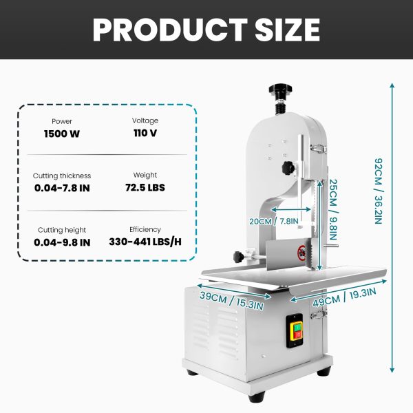 1800W Meat Band Saw, Commercial Electric Meat Bandsaw, Stainless Steel Vertical Bone Sawing Machine with 8 Saw Blades (1800W) - 图片 9