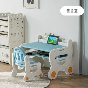Kids Study Desk and Chair Set, Height-Adjustable Children's Activity Table with Storage, Blue & White Toddler Learning Workstation for Reading, Drawing & Homework