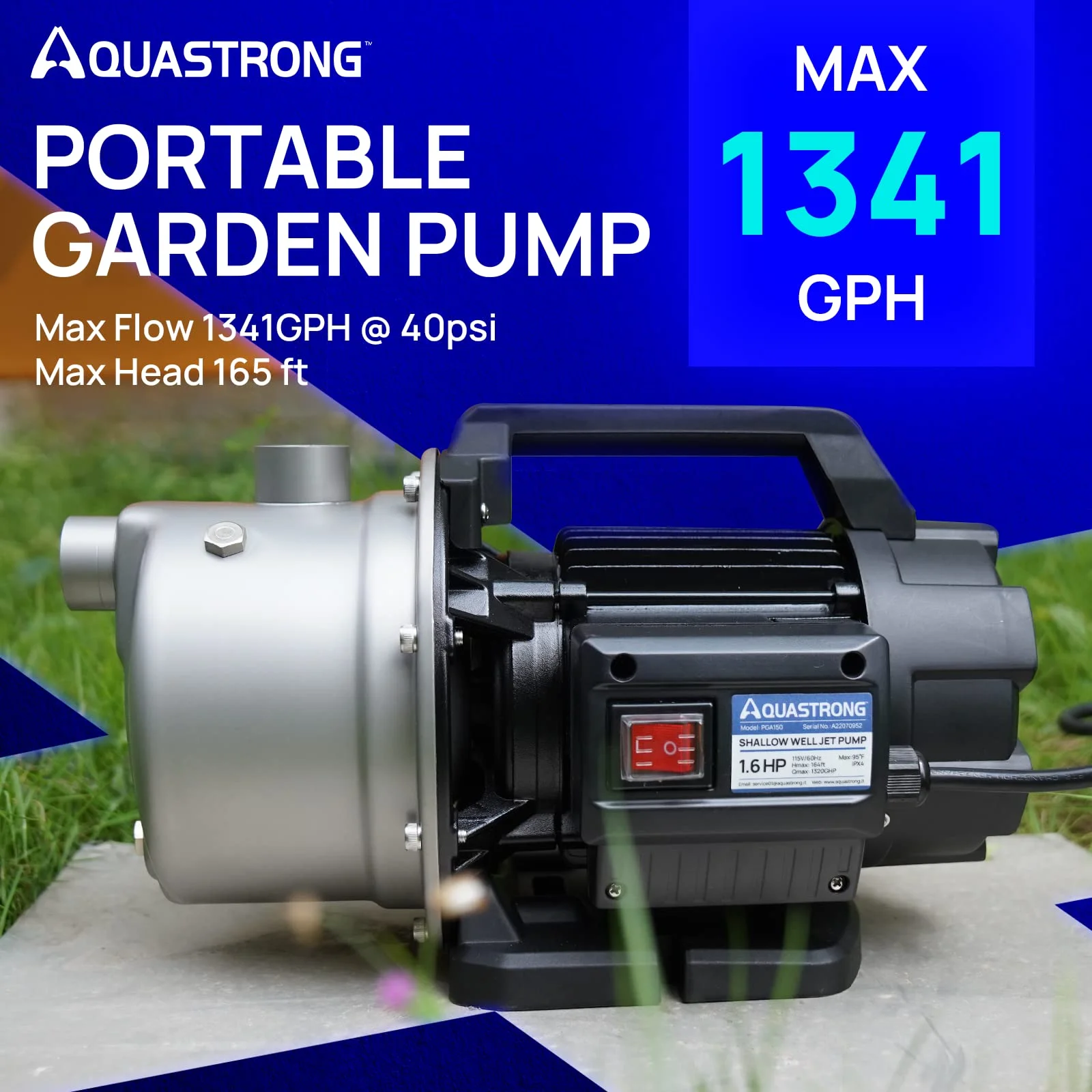 1.6 HP Portable Shallow Well Pump Garden, 1320 GPH, 115V, Stainless Steel, Sprinkler, Water Transfer Draining Irrigation Pump, for Lawn or Garden - 图片 2