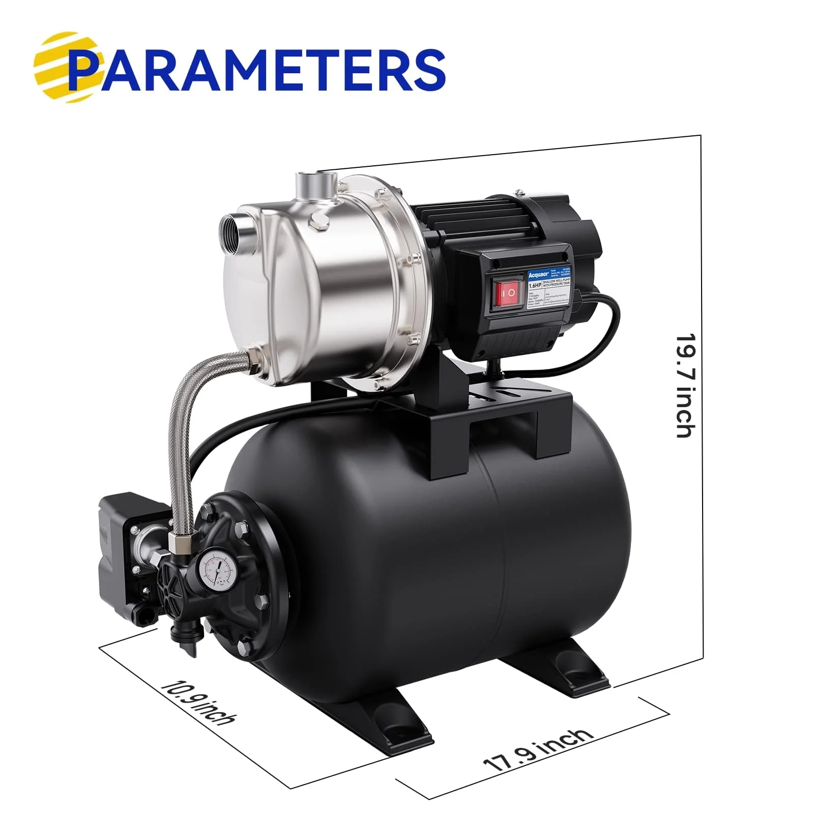 1.6 HP Shallow Well Pump with Pressure Tank, Stainless Steel, 1320 GPH 115V Irrigation, Automatic Water Booster Jet Pump for Home, Garden, Lawn - 图片 2