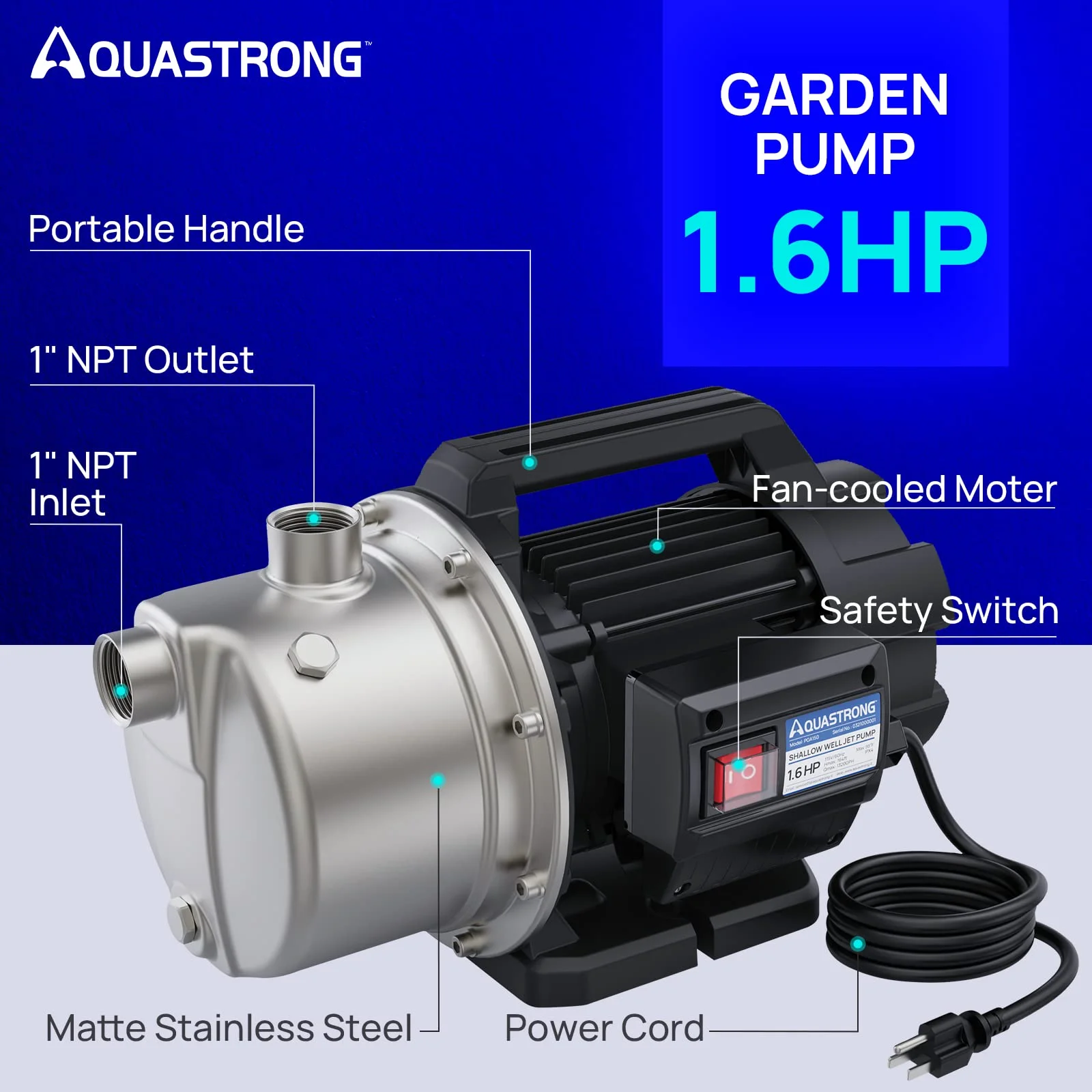 1.6 HP Portable Shallow Well Pump Garden, 1320 GPH, 115V, Stainless Steel, Sprinkler, Water Transfer Draining Irrigation Pump, for Lawn or Garden - 图片 3