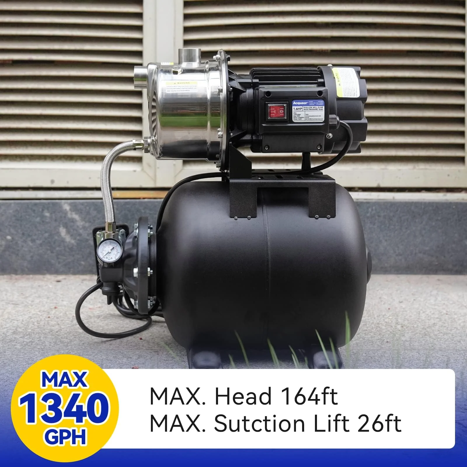 1.6 HP Shallow Well Pump with Pressure Tank, Stainless Steel, 1320 GPH 115V Irrigation, Automatic Water Booster Jet Pump for Home, Garden, Lawn - 图片 3