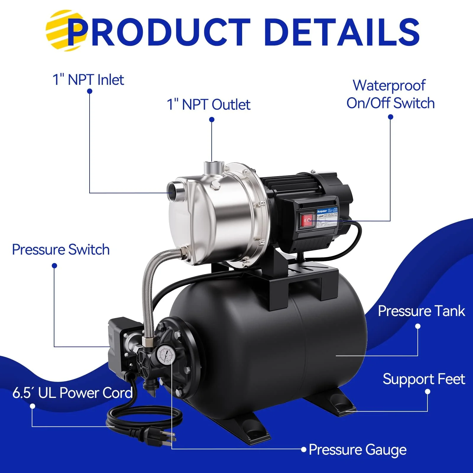 1.6 HP Shallow Well Pump with Pressure Tank, Stainless Steel, 1320 GPH 115V Irrigation, Automatic Water Booster Jet Pump for Home, Garden, Lawn - 图片 4