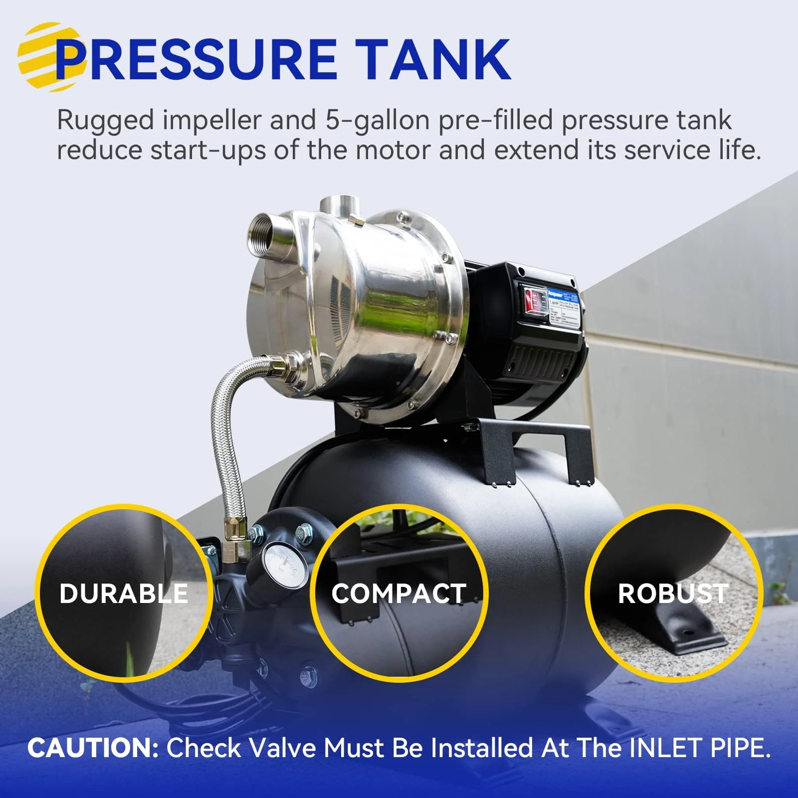 1.6 HP Shallow Well Pump with Pressure Tank, Stainless Steel, 1320 GPH 115V Irrigation, Automatic Water Booster Jet Pump for Home, Garden, Lawn - 图片 5