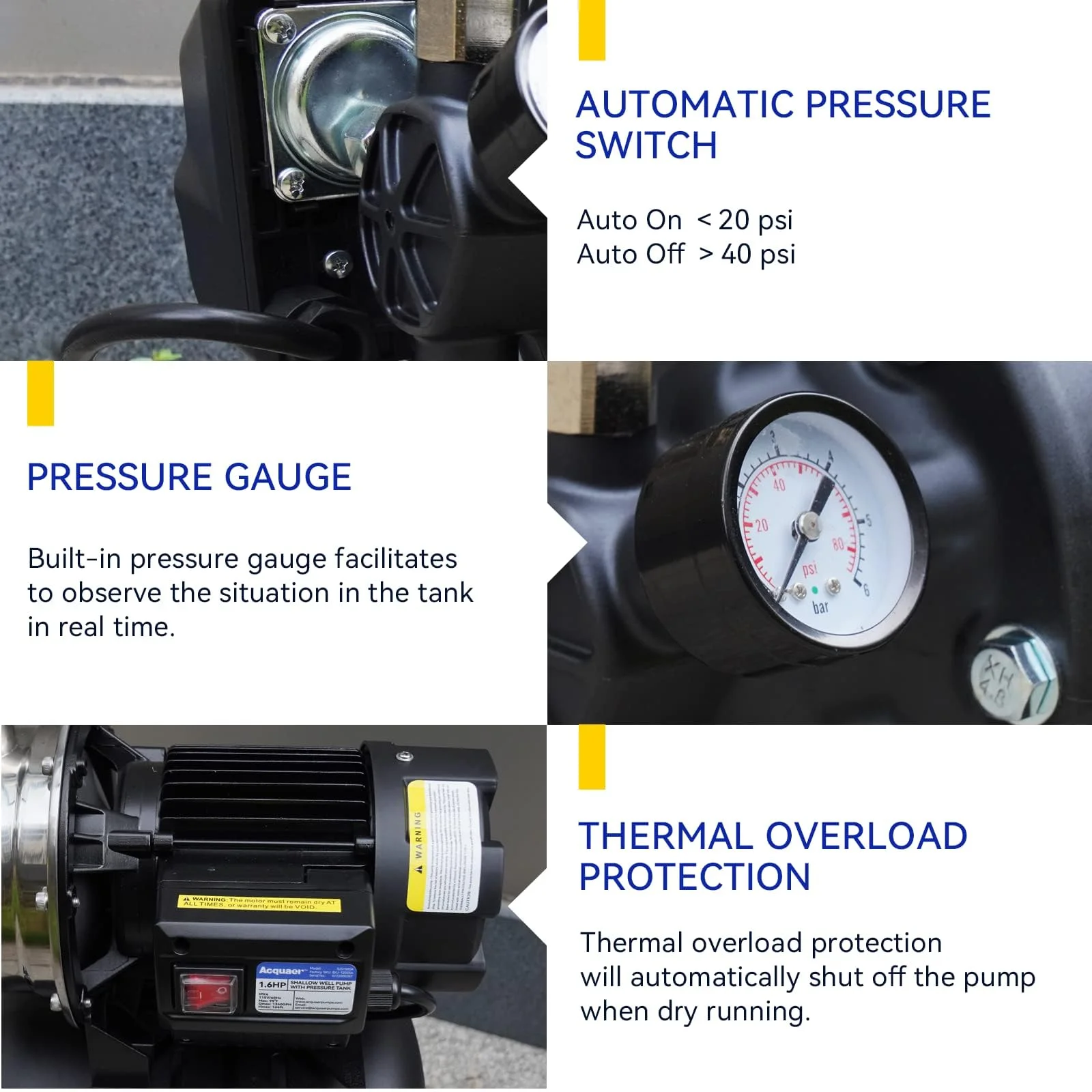 1.6 HP Shallow Well Pump with Pressure Tank, Stainless Steel, 1320 GPH 115V Irrigation, Automatic Water Booster Jet Pump for Home, Garden, Lawn - 图片 6