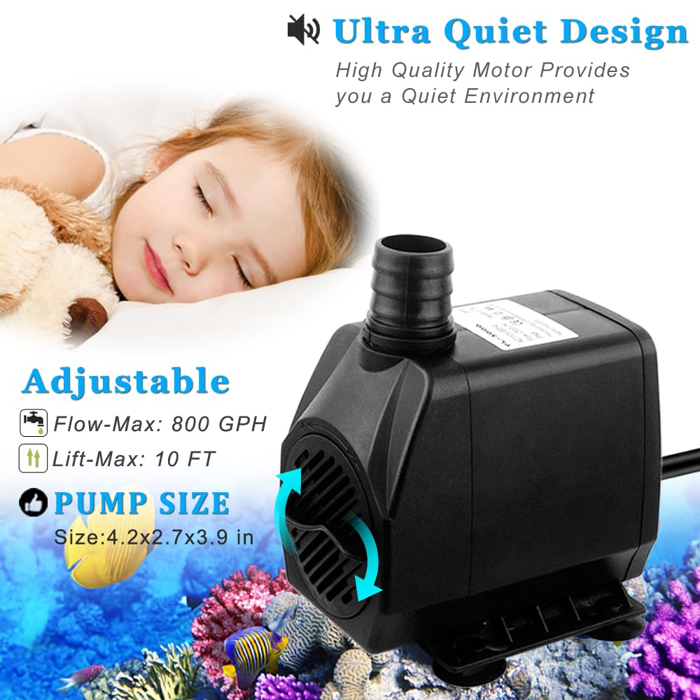 800GPH(3000L/H) Submersible Water Pump with 6.5 ft Tubing, 45W durable fountain water pump 4 Nozzles for Pond Fountain, Aquariums Fish Tank, Statuary, Hydroponics - 图片 2