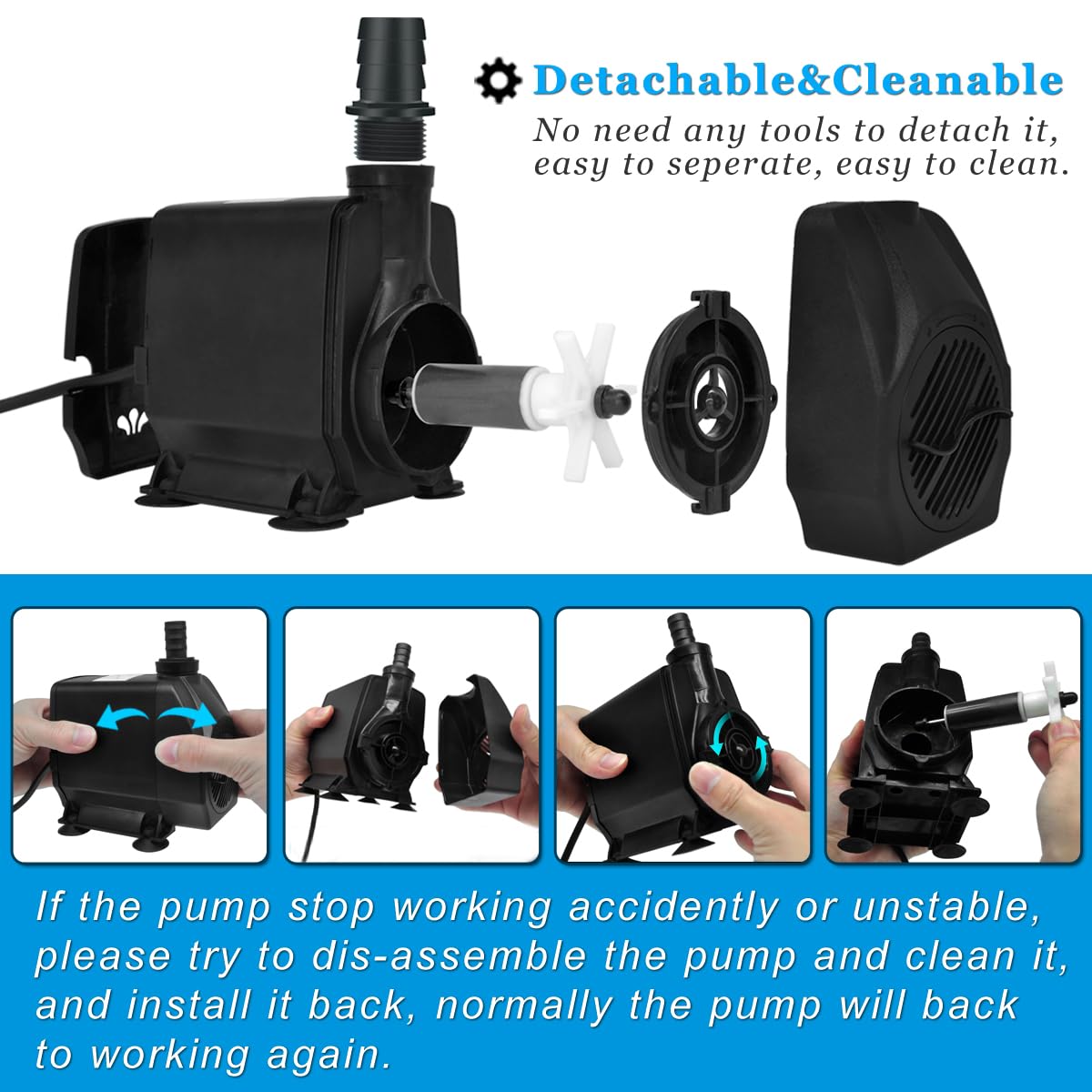 800GPH(3000L/H) Submersible Water Pump with 6.5 ft Tubing, 45W durable fountain water pump 4 Nozzles for Pond Fountain, Aquariums Fish Tank, Statuary, Hydroponics - 图片 4