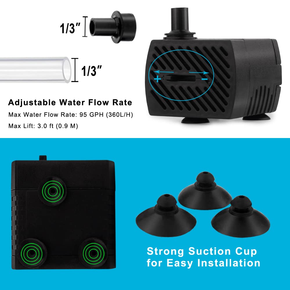 95GPH 5W Mini Submersible Water Pump for Aquarium Fish Tank, Pond, Fountain, Hydroponics - 图片 5